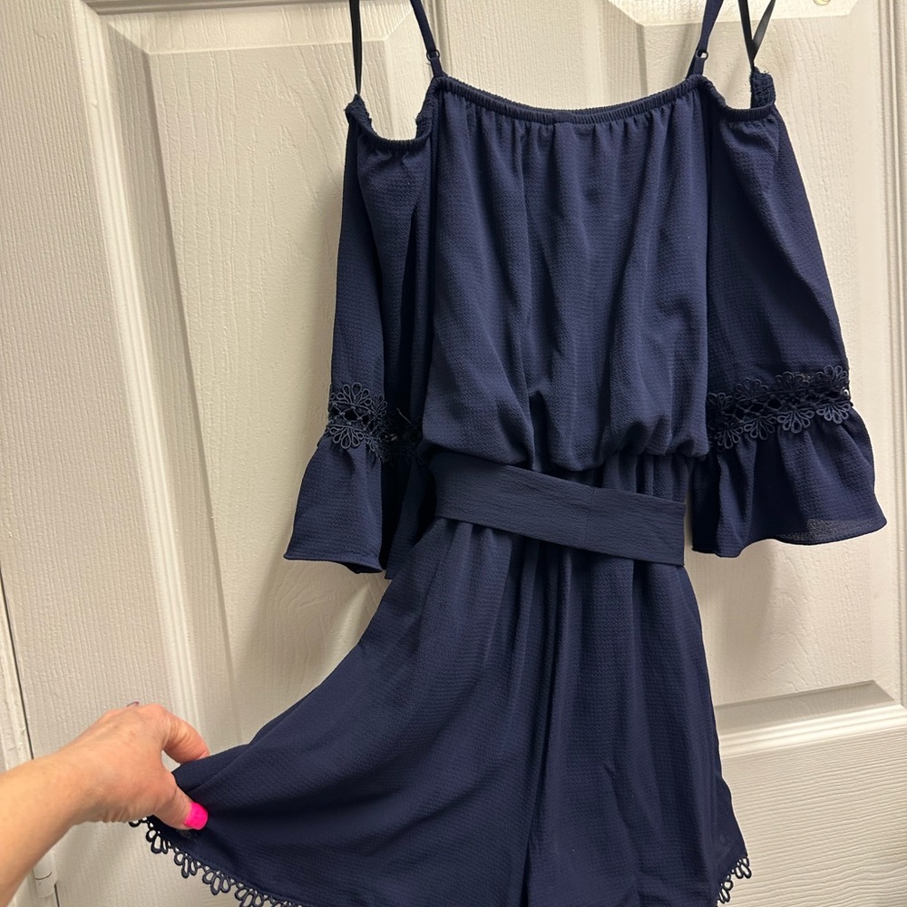 B Darlin Navy Blue Off-Shoulder Romper